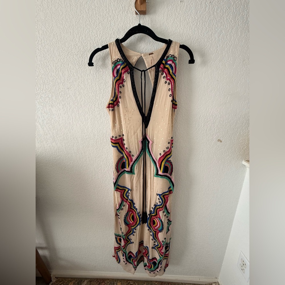 Free People Beige Maxi Dress with Multicolor Beaded Embroidery